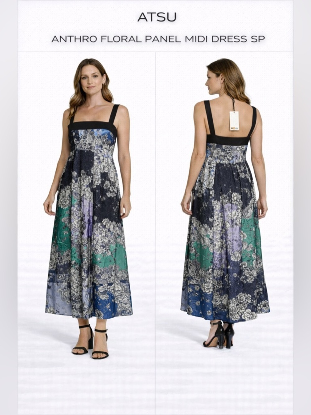 ATSU Anthropologie Floral Panel Midi Dress in Black, Green & Purple Size SP